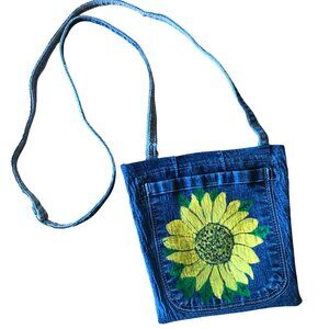 Denim Crossbody Bag: Sunflower Theme Handmade Jean Purse, Cell Phone Holder